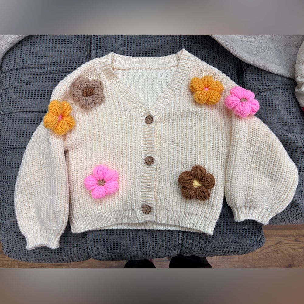 Cream Cardigan with Colorful Flower Accents